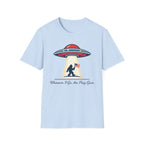 Sasquatch UFO Abduction T-Shirt — "Wherever I Go, the Flag Goes" Patriotic Bigfoot Tee