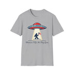 Sasquatch UFO Abduction T-Shirt — "Wherever I Go, the Flag Goes" Patriotic Bigfoot Tee