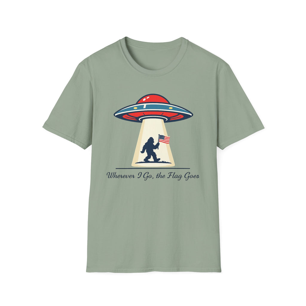 Sasquatch UFO Abduction T-Shirt — "Wherever I Go, the Flag Goes" Patriotic Bigfoot Tee