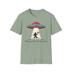 Sasquatch UFO Abduction T-Shirt — "Wherever I Go, the Flag Goes" Patriotic Bigfoot Tee