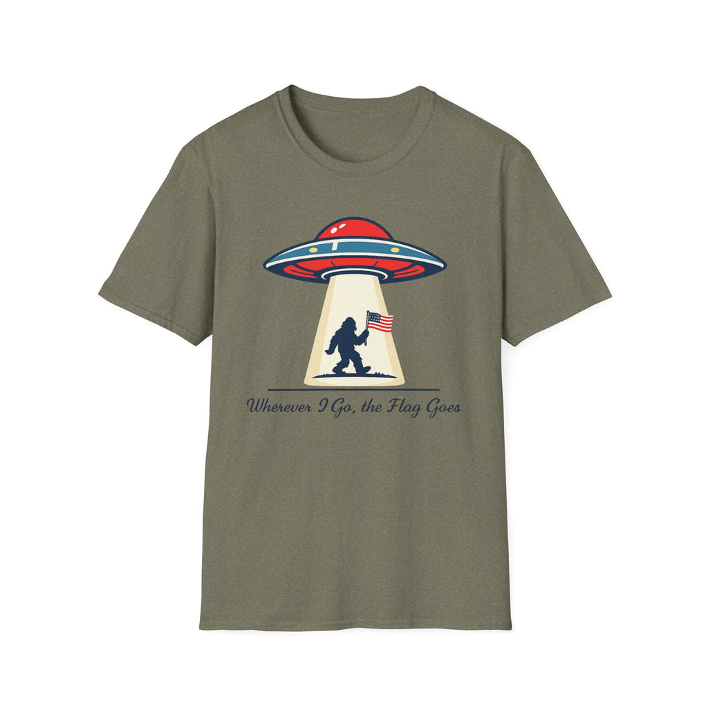 Sasquatch UFO Abduction T-Shirt — "Wherever I Go, the Flag Goes" Patriotic Bigfoot Tee