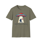 Sasquatch UFO Abduction T-Shirt — "Wherever I Go, the Flag Goes" Patriotic Bigfoot Tee