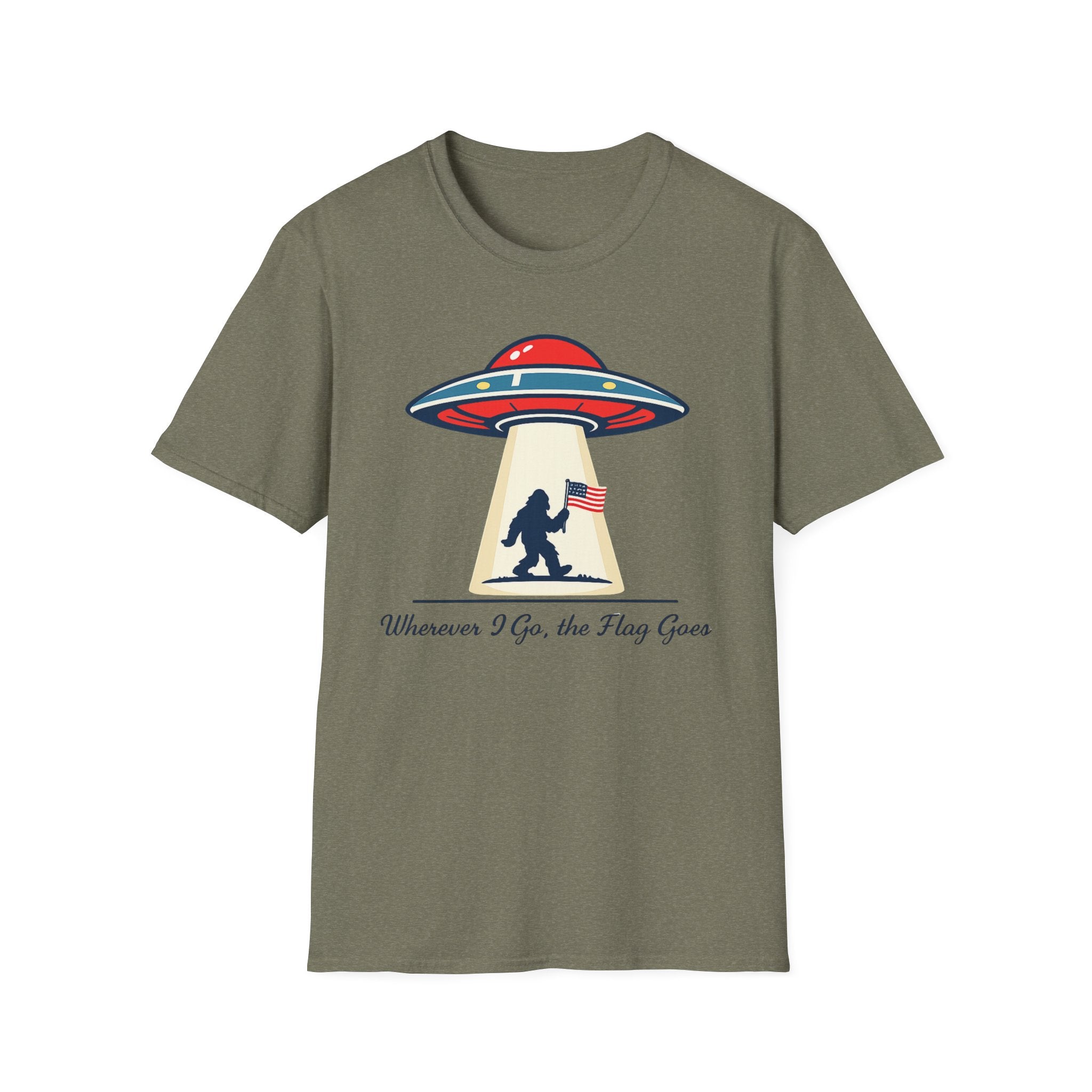 Sasquatch UFO Abduction T-Shirt — "Wherever I Go, the Flag Goes" Patriotic Bigfoot Tee